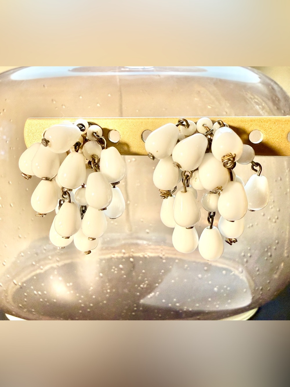 Vintage 1940s/1950s Milk Glass Beaded Waterfall Cluster Dangle Clip On Earrings